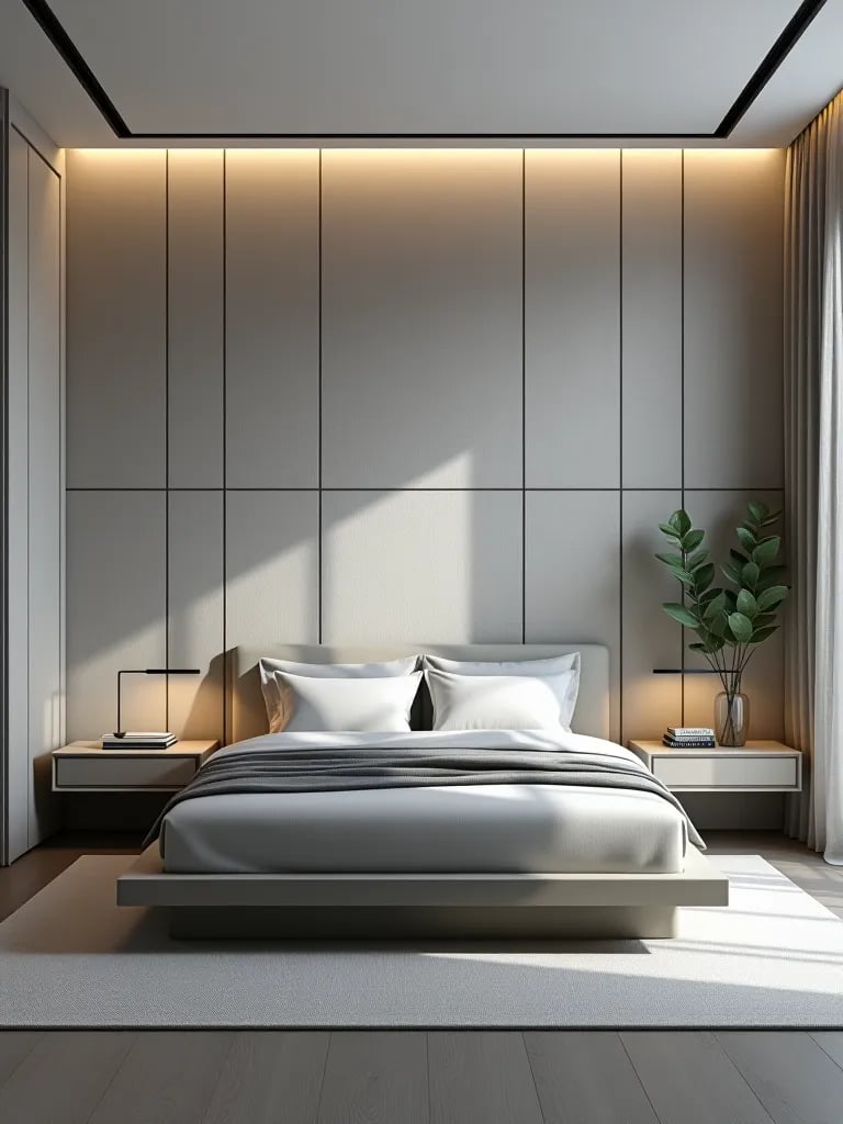 Minimalist bedroom with 3D geometric wallpaper