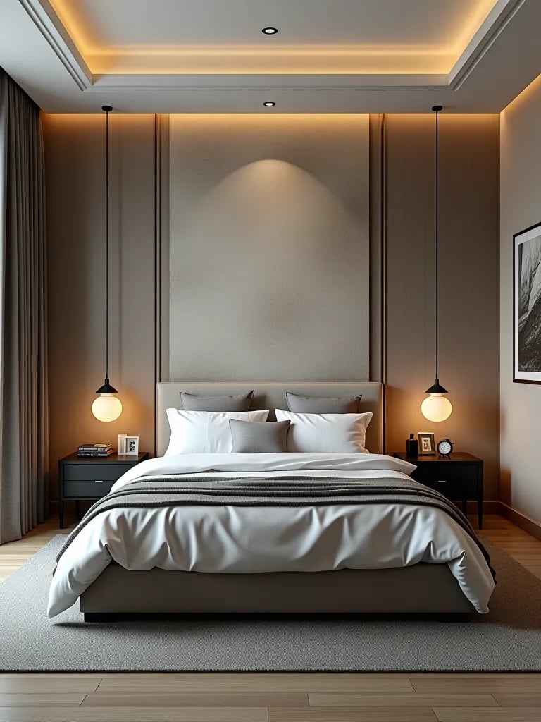 Minimalist bedroom with 3D wallpaper accent wall