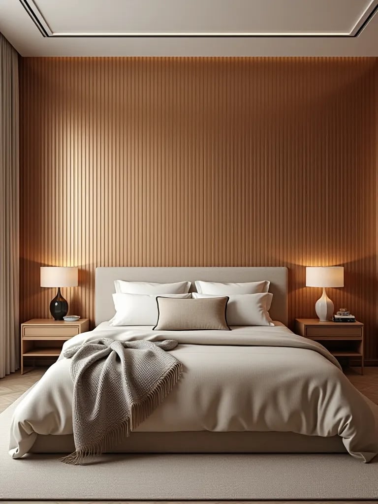 Minimalist bedroom with copper metallic striped wallpaper