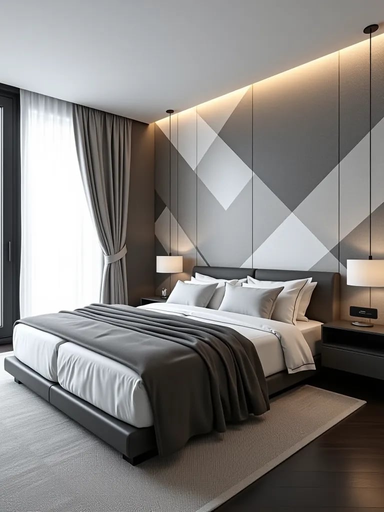 Minimalist bedroom with geometric wallpaper accent wall
