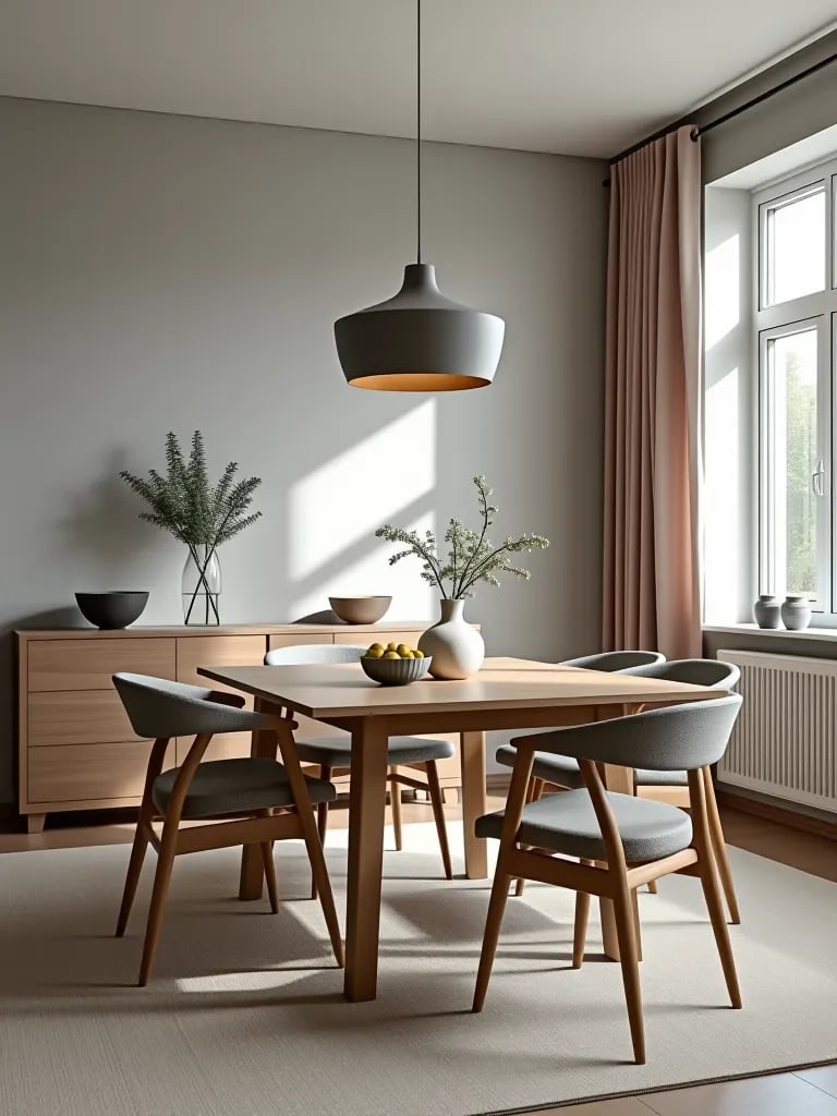 Minimalist dining area with soft grey lime washed walls