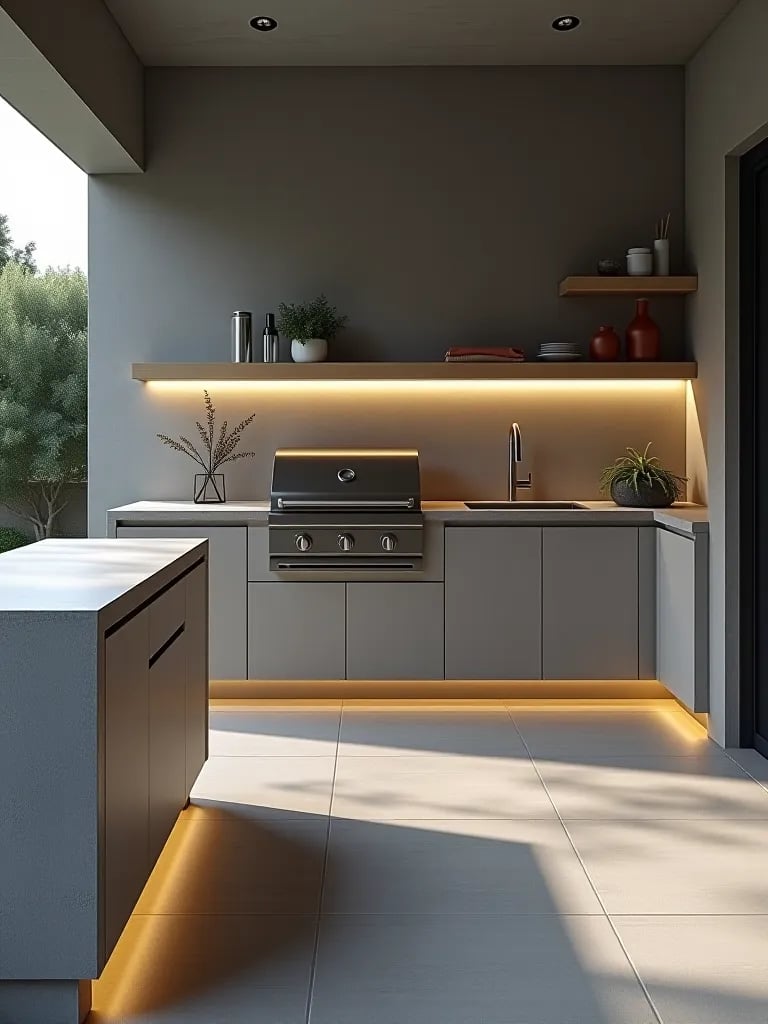 Minimalist outdoor kitchen with built in grill and floating shelves