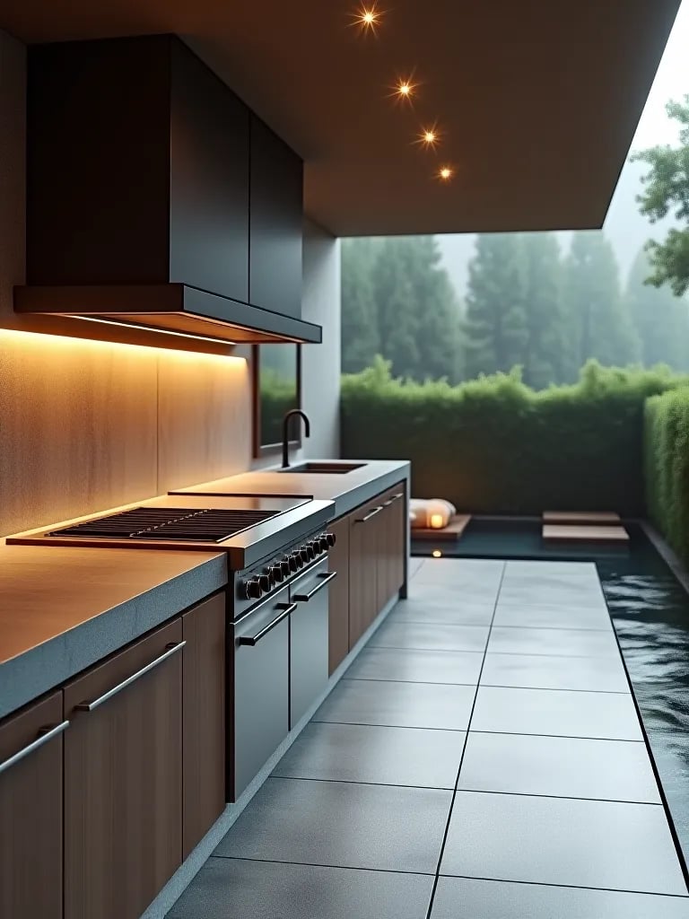 Minimalist outdoor kitchen with stone surfaces and cascading water