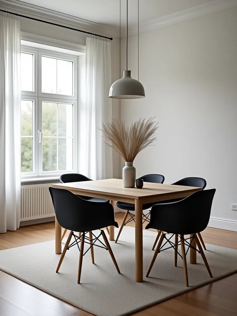 Minimalist white dining room with Scandinavian inspired decor