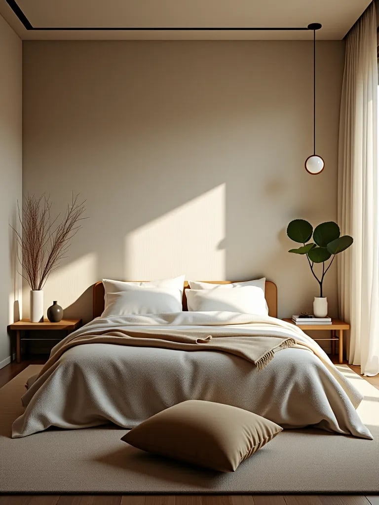 Minimalist zen bedroom with textured wallpaper
