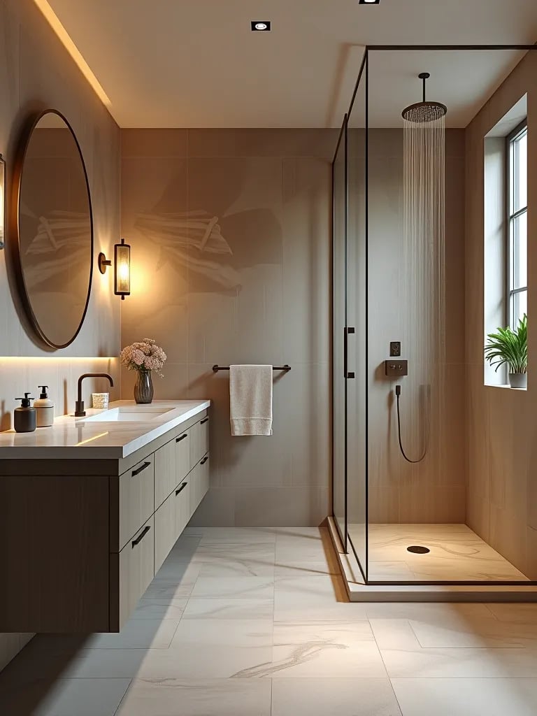 Modern bathroom with abstract wallpaper and walk in shower