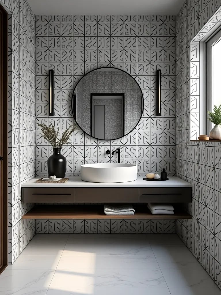 Modern bathroom with black and white geometric wallpaper