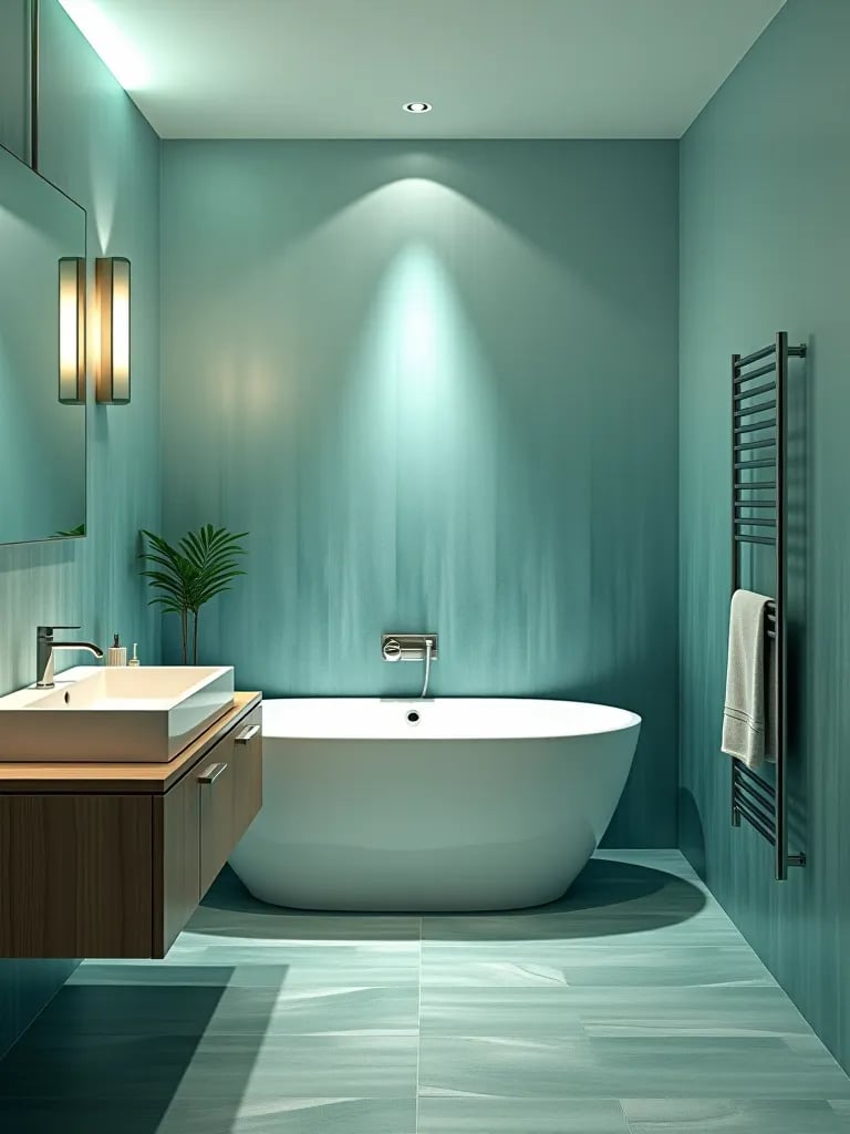 Modern bathroom with blue green ombre wallpaper