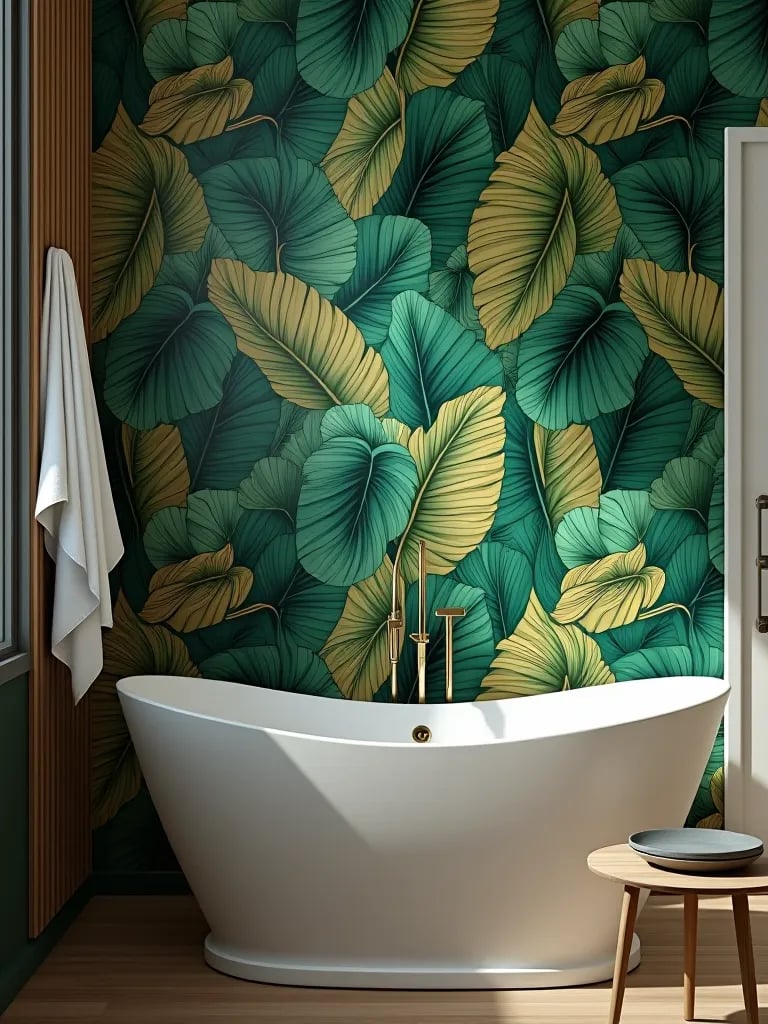 Modern bathroom with tropical leaf wallpaper