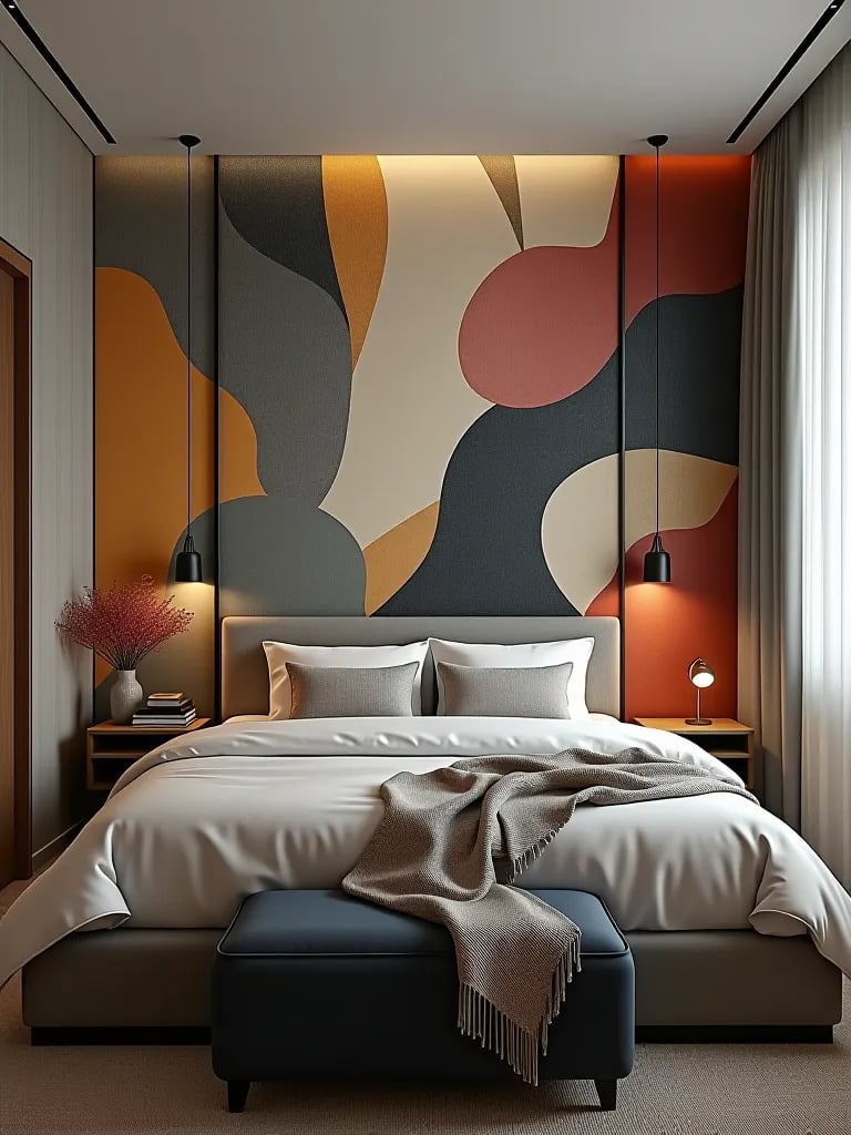 Modern bedroom featuring custom hand painted wall mural