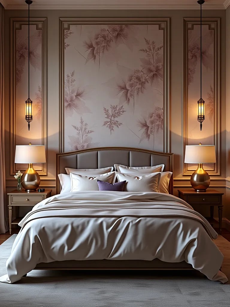 Modern bedroom featuring luxurious silk wallpaper