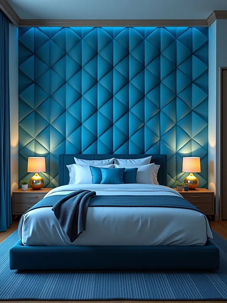 Modern bedroom with 3D geometric wallpaper feature wall