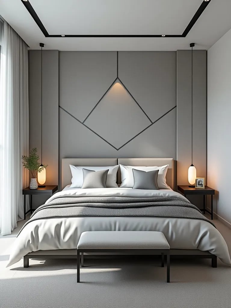 Modern bedroom with bold geometric wallpaper