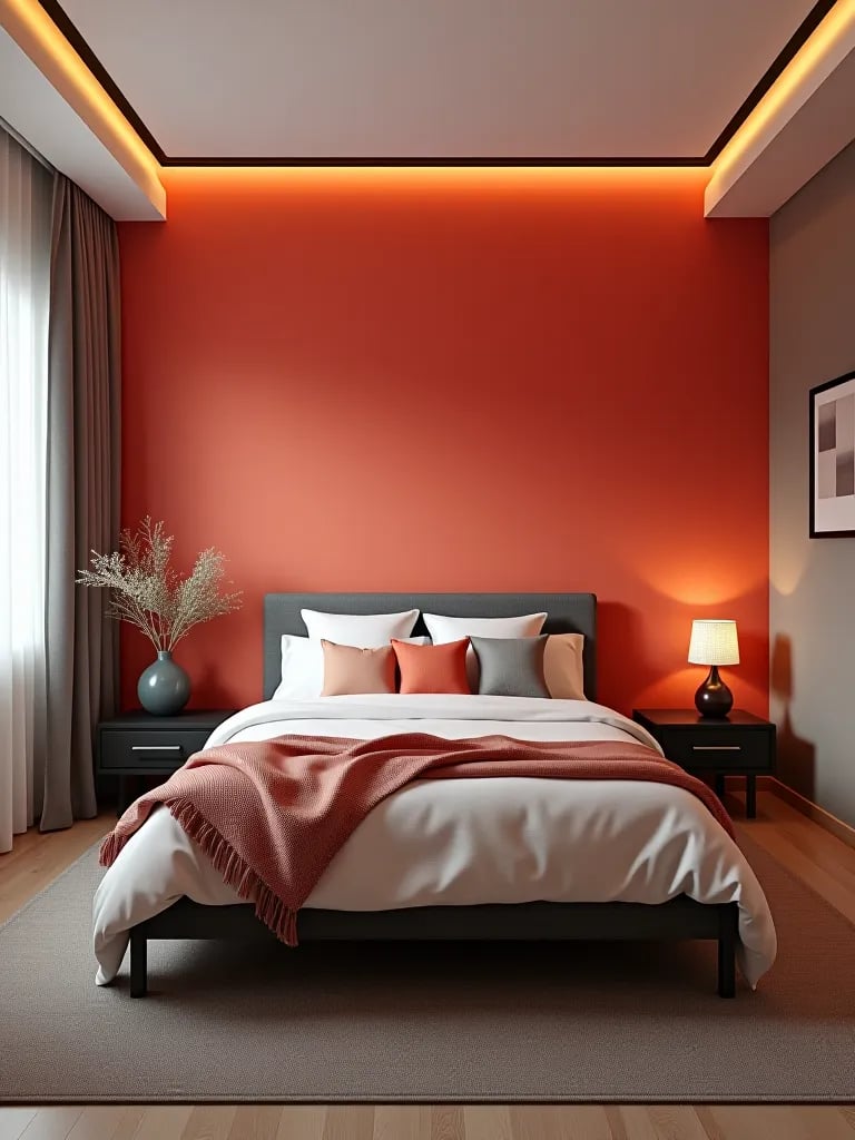 Modern bedroom with bold painted feature wall