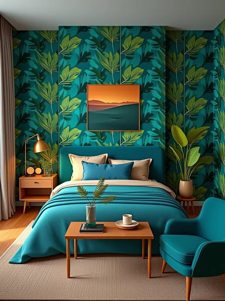 Modern bedroom with bold tropical wallpaper