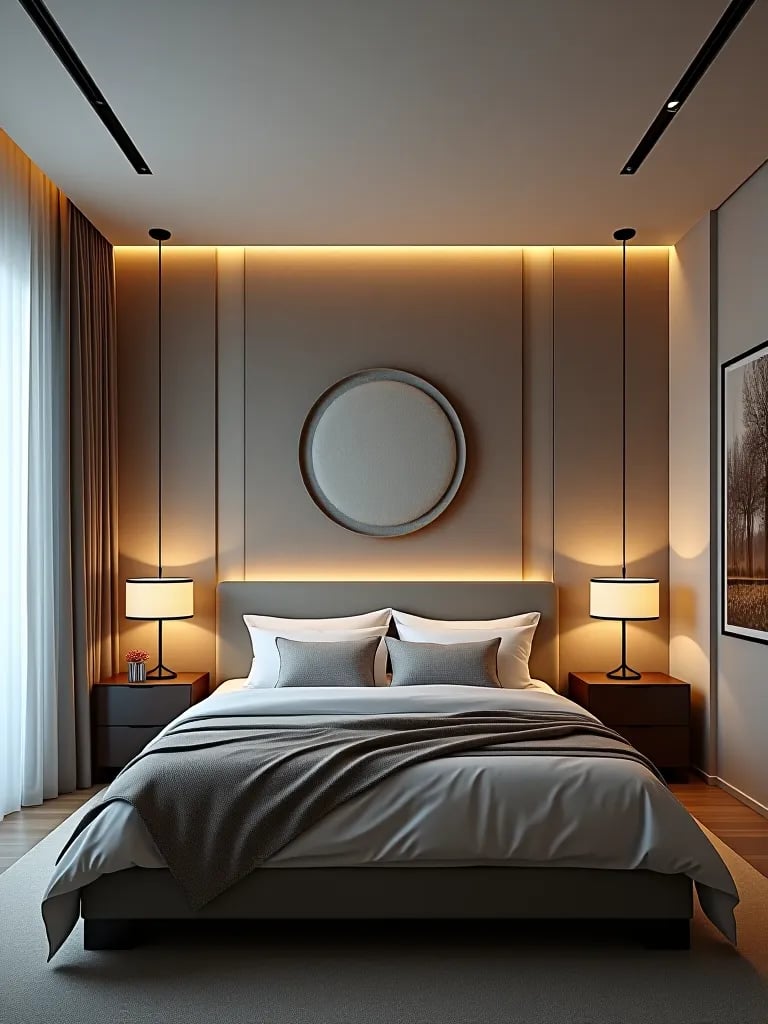 Modern bedroom with geometric felt wallpaper