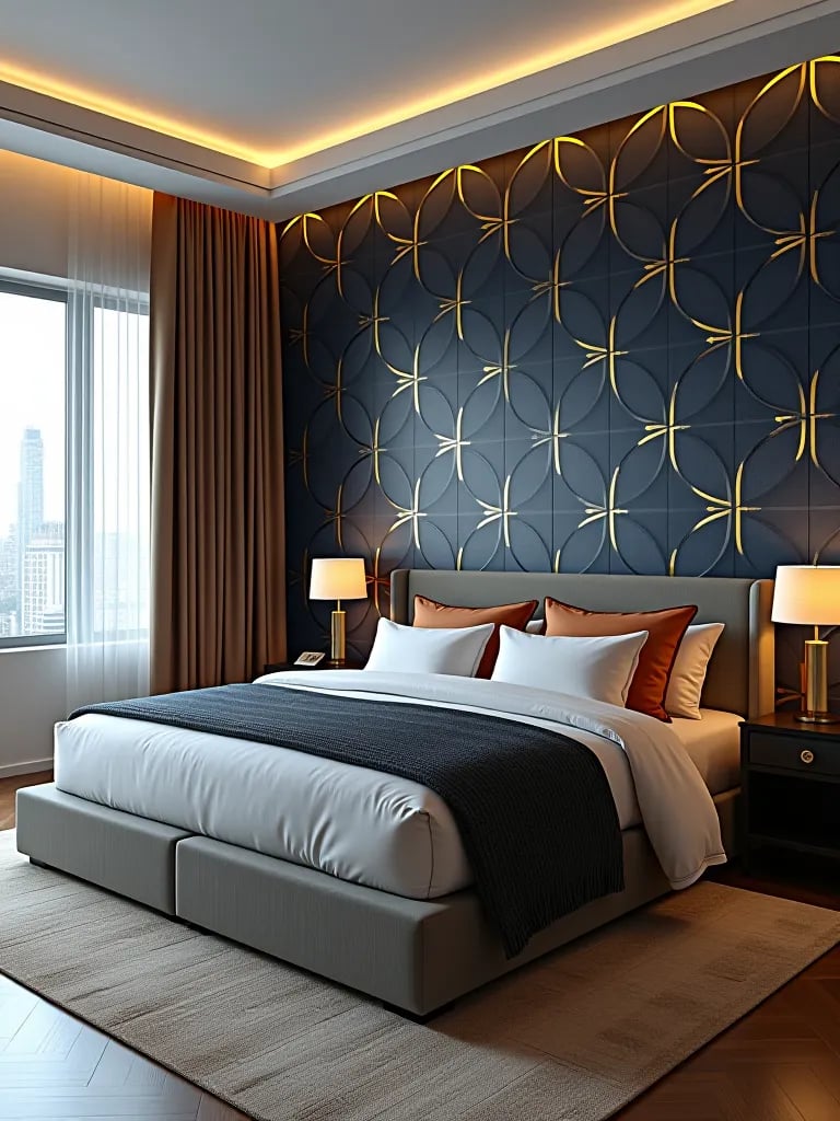 Modern bedroom with geometric gold and navy wallpaper