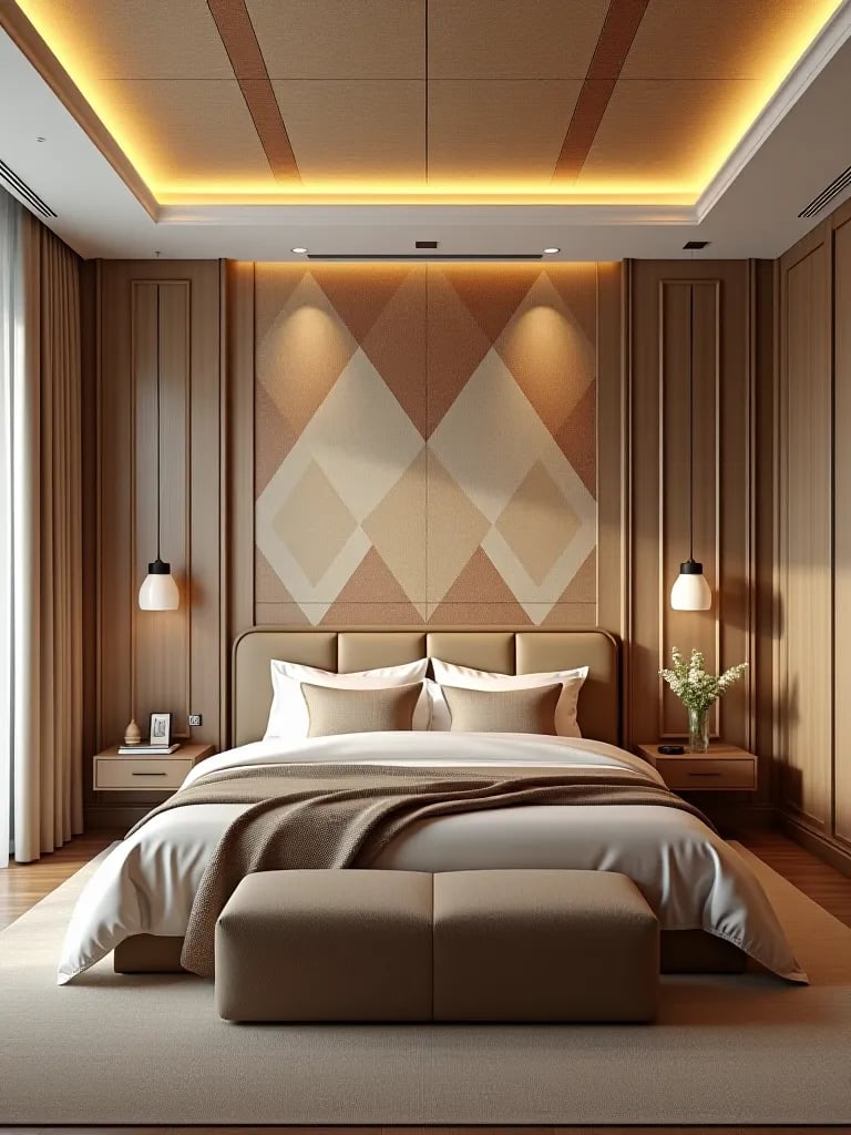 Modern bedroom with geometric patterned wallpaper