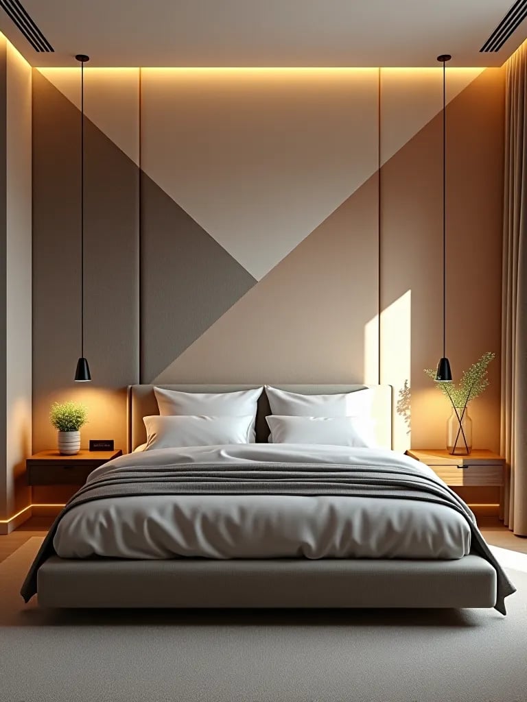 Modern bedroom with geometric wallpaper and minimalist furniture