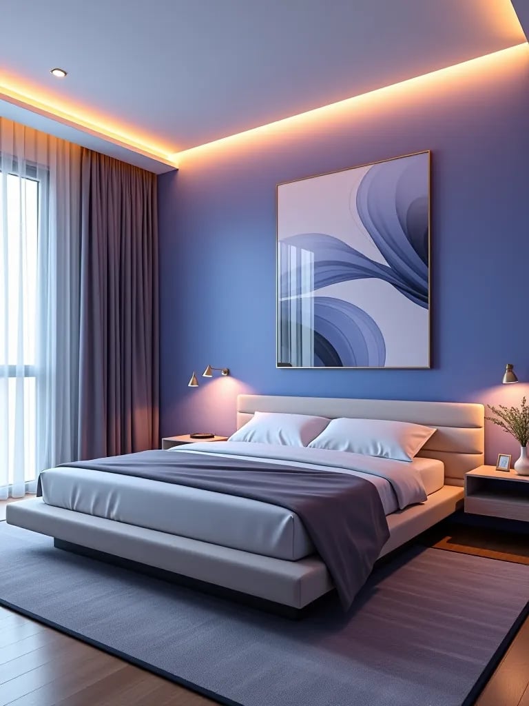 Modern bedroom with gradient blue wallpaper