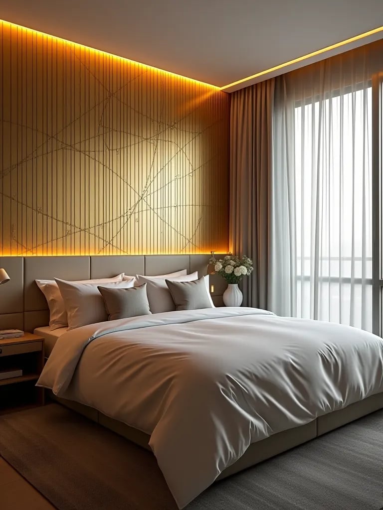 Modern bedroom with metallic gold geometric wallpaper
