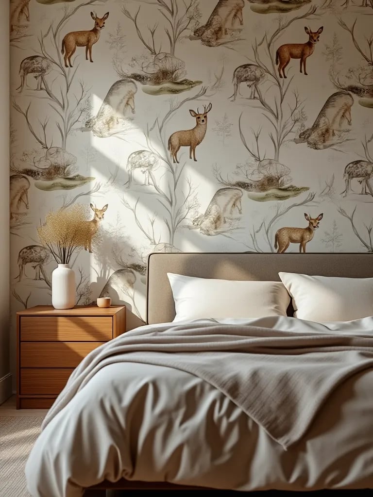 Modern bedroom with muted woodland wallpaper