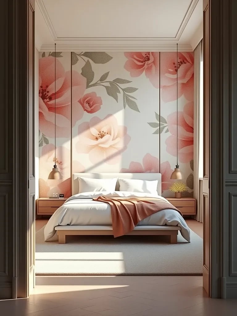 Modern bedroom with pastel floral wallpaper