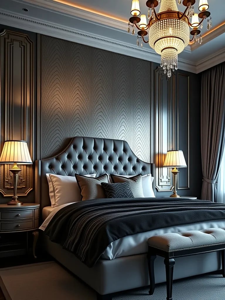 Modern bedroom with silver and black art deco wallpaper