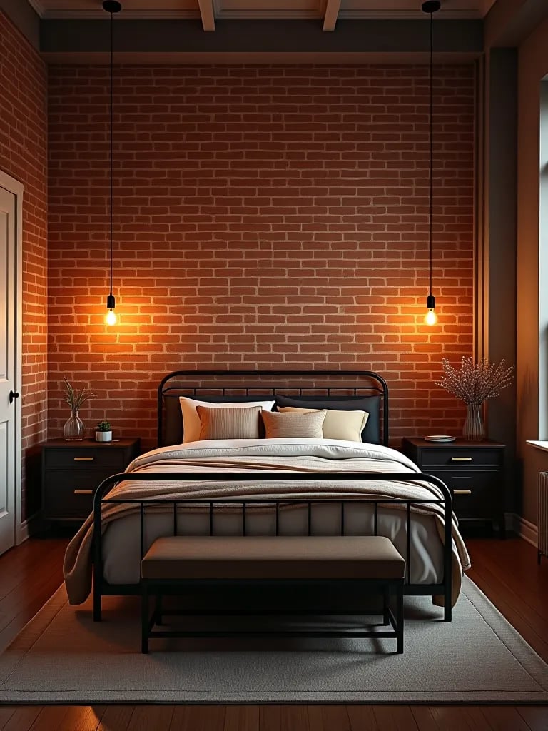 Modern bedroom with terracotta brick wallpaper