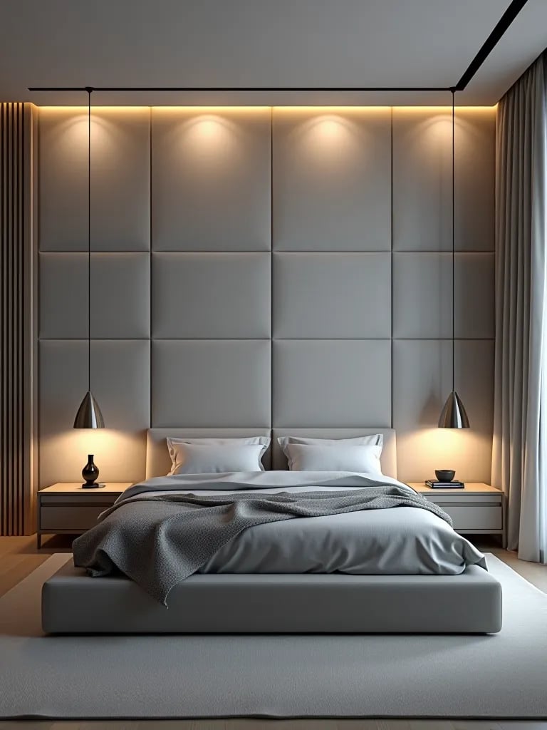 Modern bedroom with textured grey wallpaper
