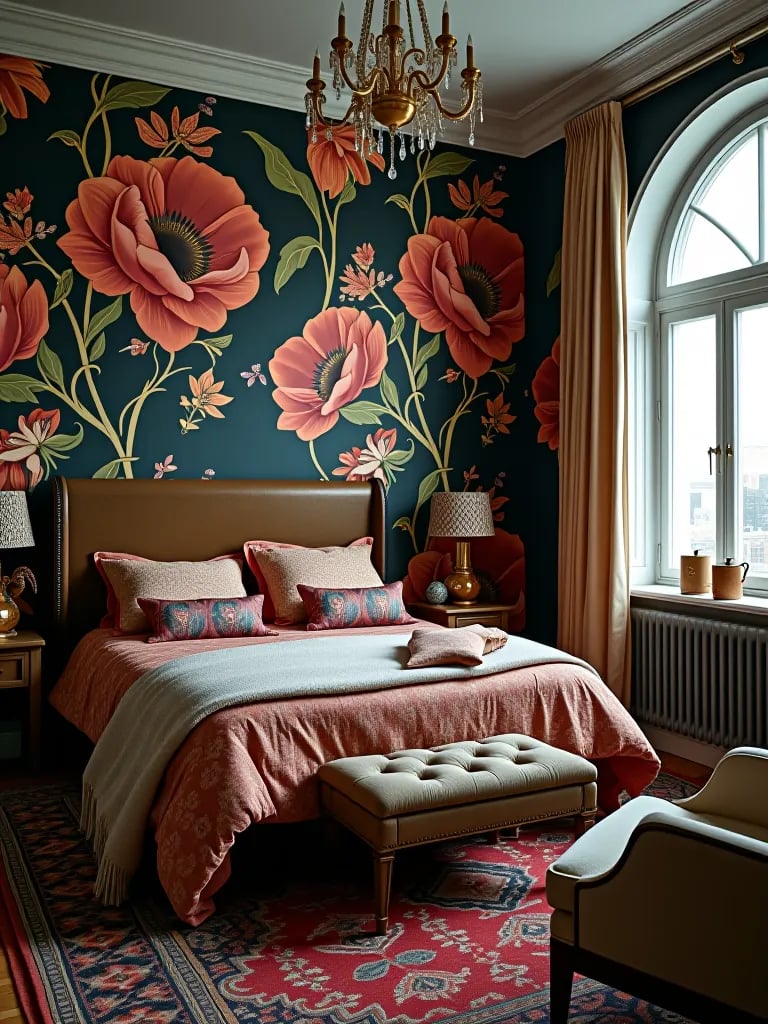 Modern bedroom with vibrant floral wallpaper