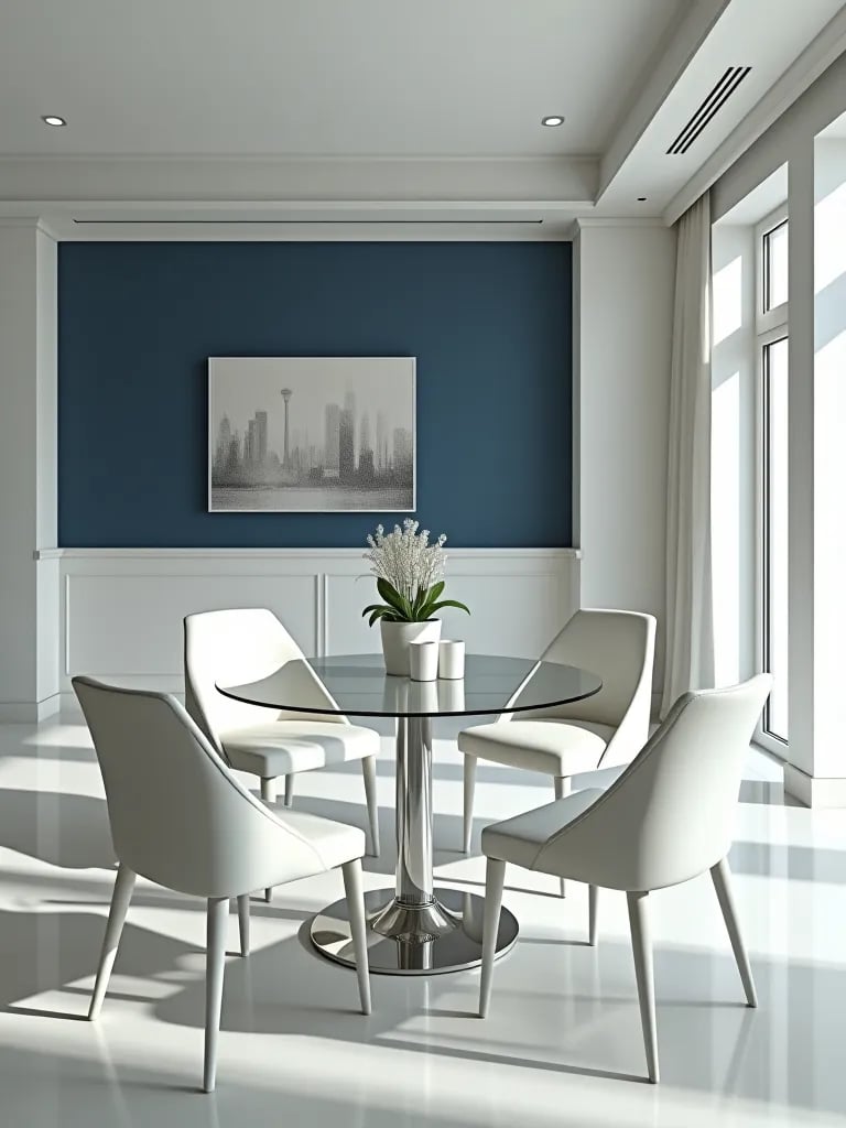 Modern dining room with white walls and navy accent