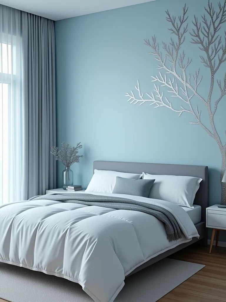 Modern nature inspired bedroom with metallic branch wallpaper