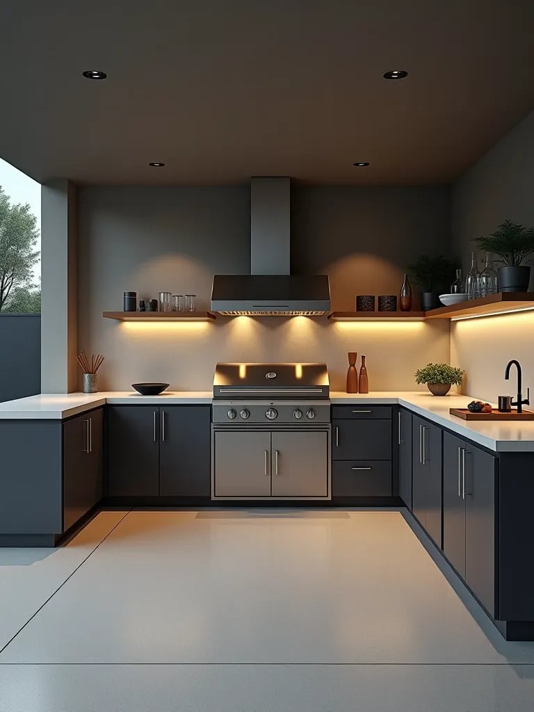 Modern outdoor kitchen with clean lines and monochromatic scheme