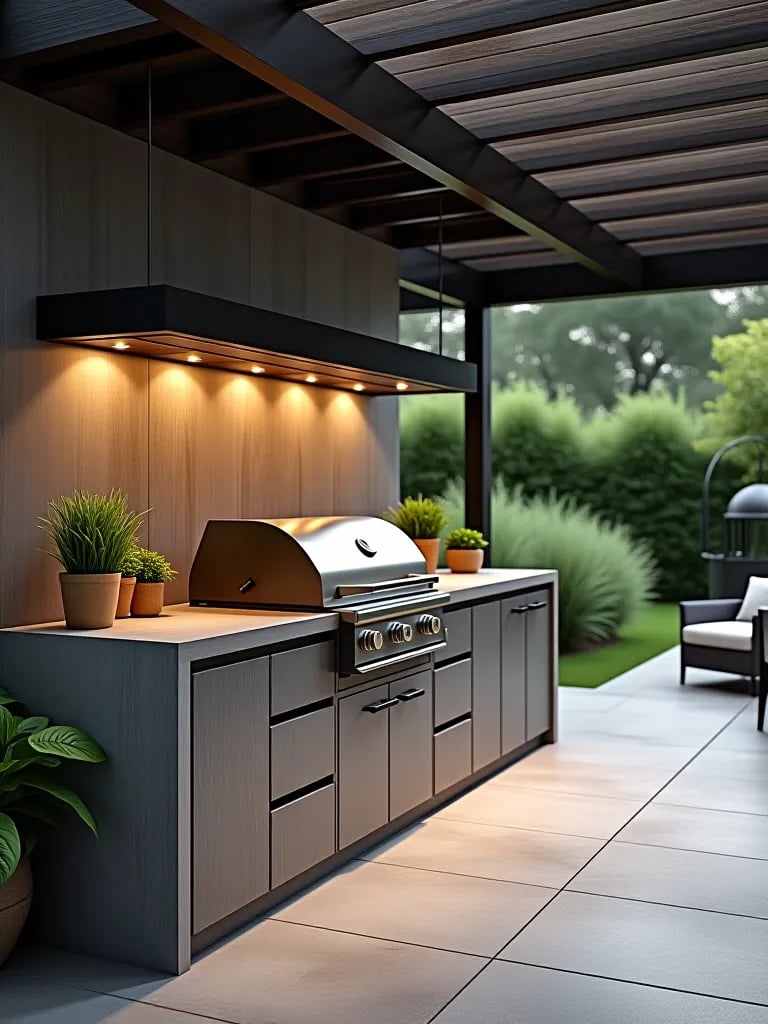 Modern outdoor kitchen with concrete countertop and built in herb garden