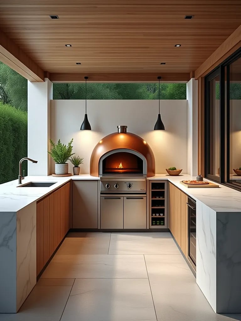 Modern outdoor kitchen with pizza oven