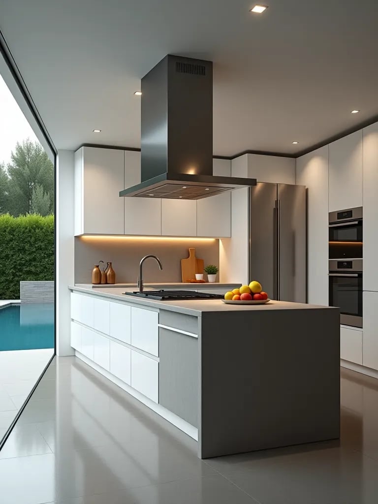 Modern outdoor kitchen with pool view