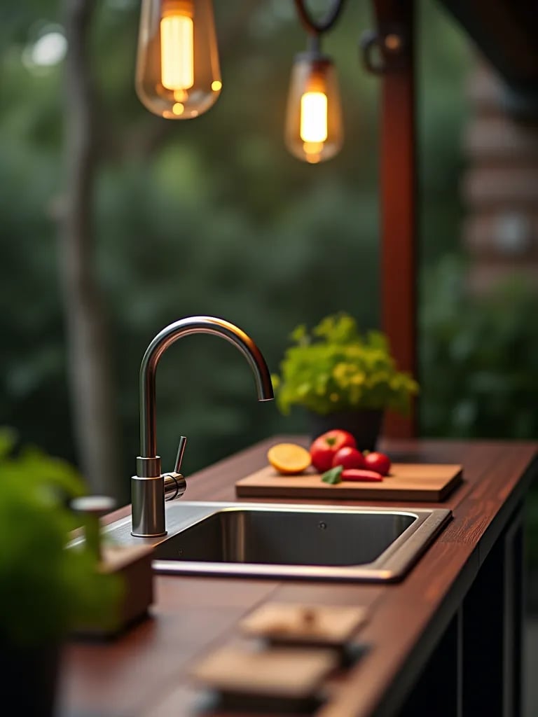 Modern outdoor sink and food prep area with pendant lighting