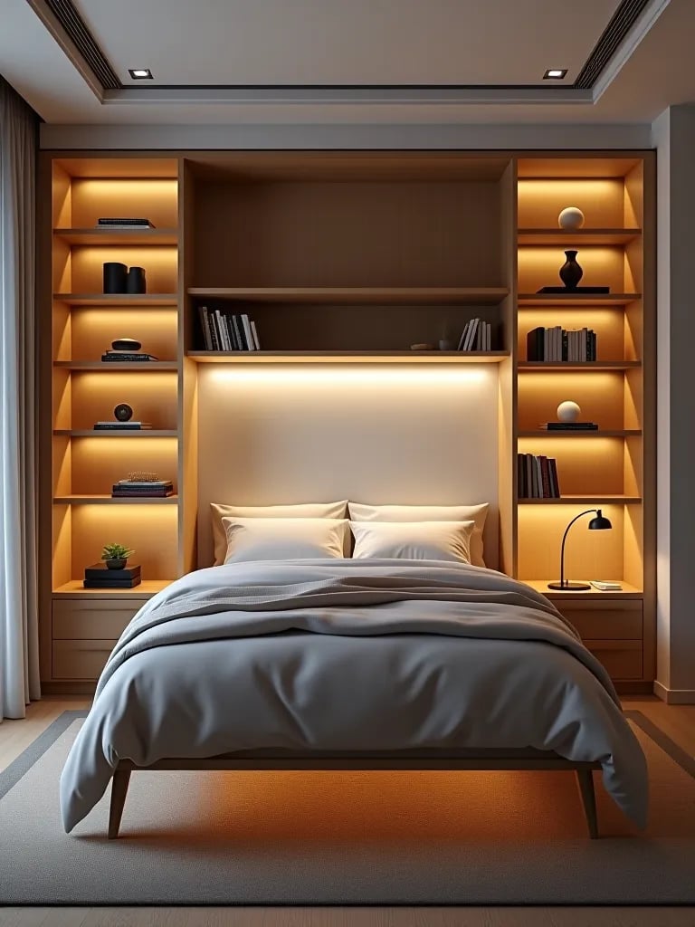 Multifunctional small bedroom with hidden Murphy bed