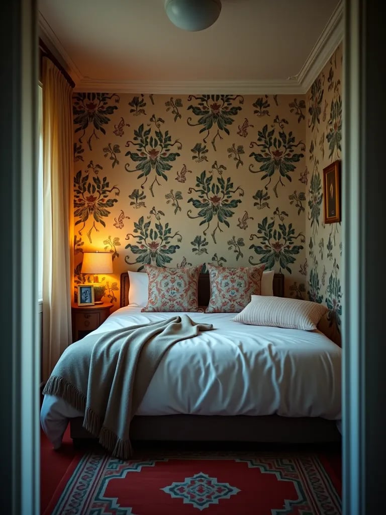 Multiple bedroom scenes with different wall treatments
