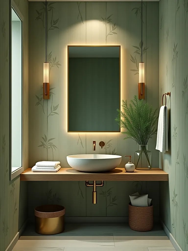 Nature inspired bathroom with green wallpaper and wood accents