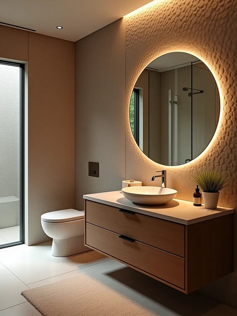Nature inspired bathroom with pebble wallpaper and round mirror