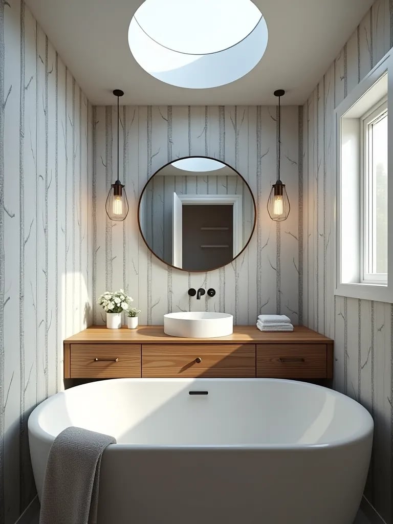 Nature inspired bathroom with tree wallpaper and wood vanity