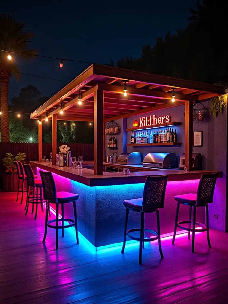 Nighttime view of outdoor bar with festive LED lighting