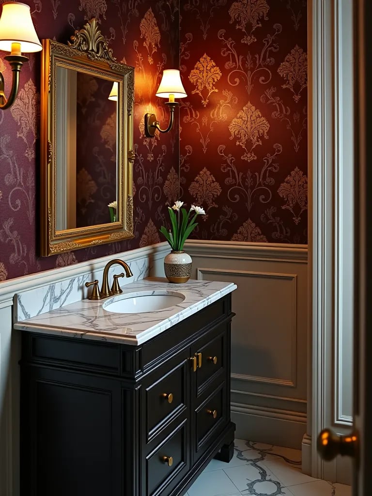 Opulent bathroom with jewel toned damask wallpaper