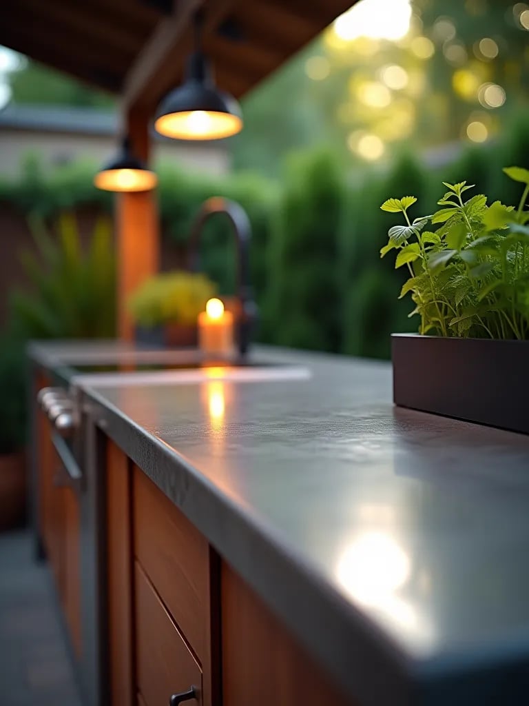 Outdoor kitchen countertop with built in herb planters