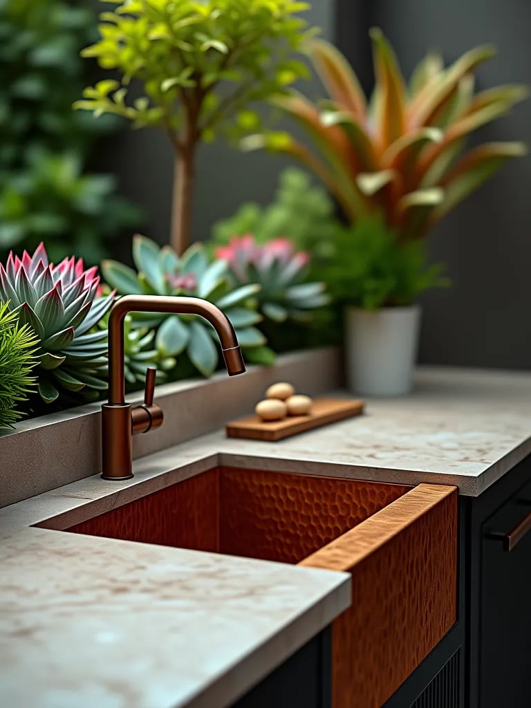 Outdoor kitchen sink area with succulent wall