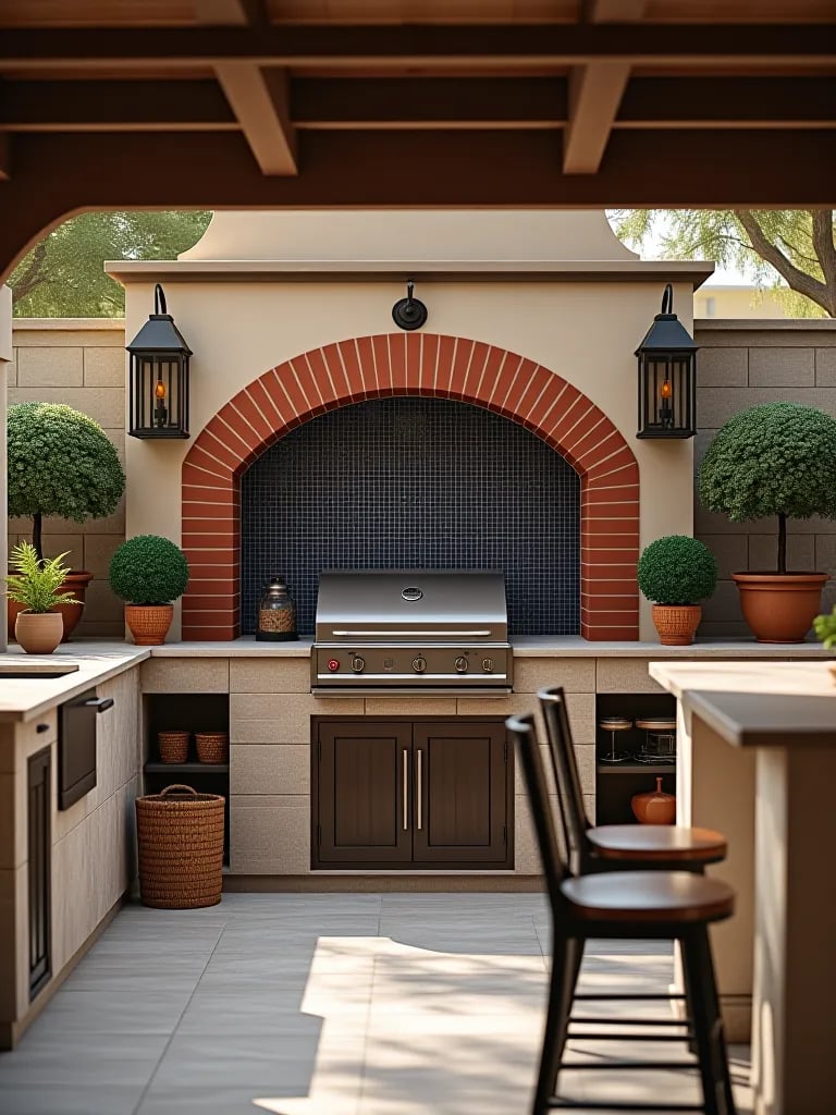 Outdoor kitchen with Mediterranean design elements and olive trees