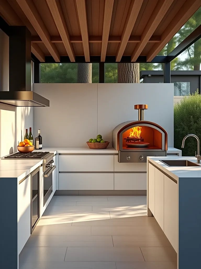 Outdoor kitchen with copper dome pizza oven