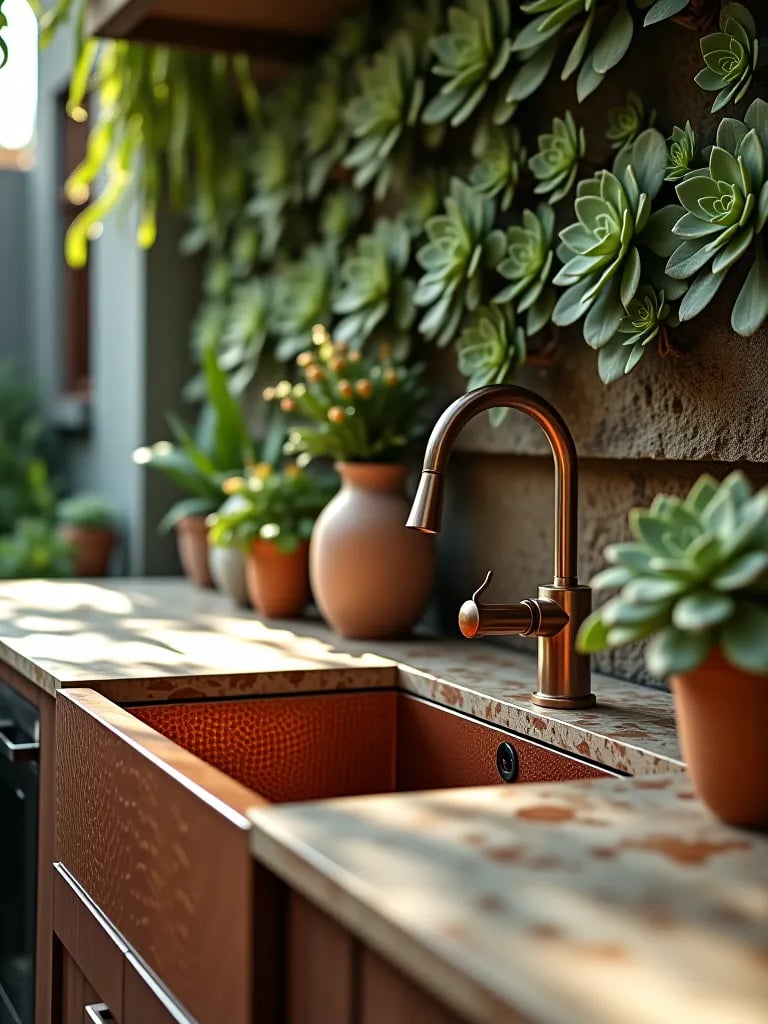 Outdoor kitchen with hammered copper sink